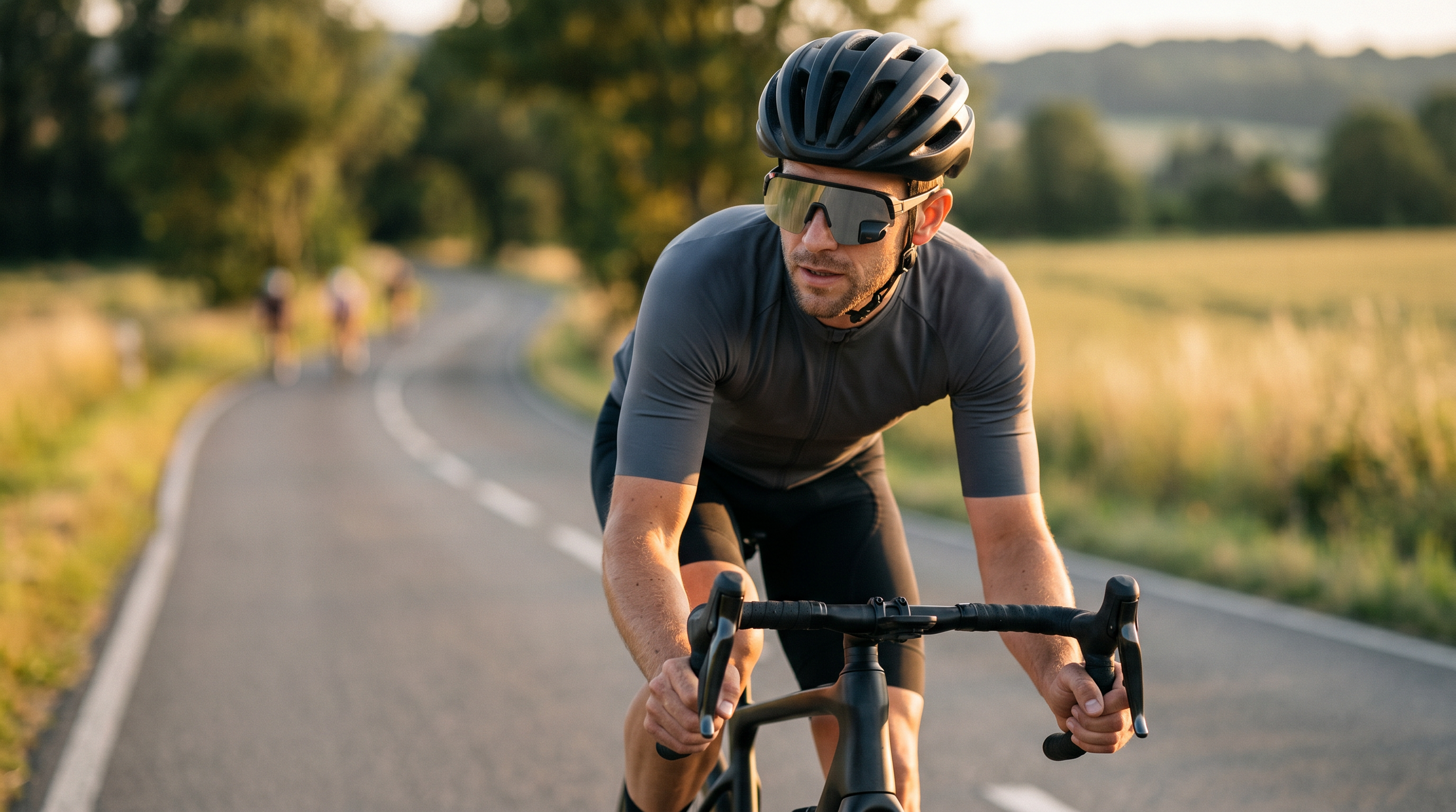 Landeveissyklist i vanlig drakt og hjelm med TriEye The View sport wraparound-solbriller, kaster et blikk i glasspeilet på en stille vei