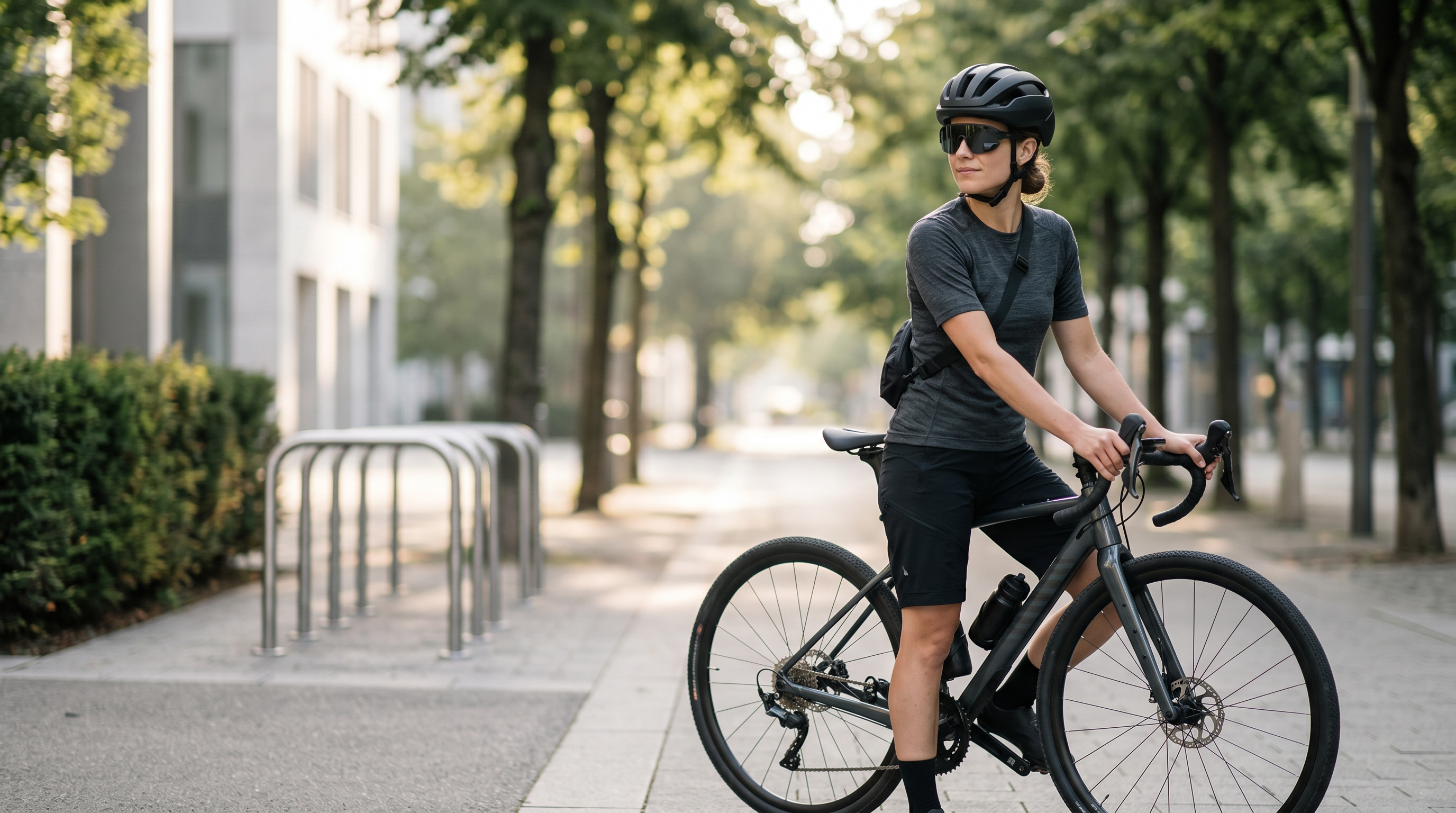 A commuter cyclist pausing on a morning street wearing TriEye The View
