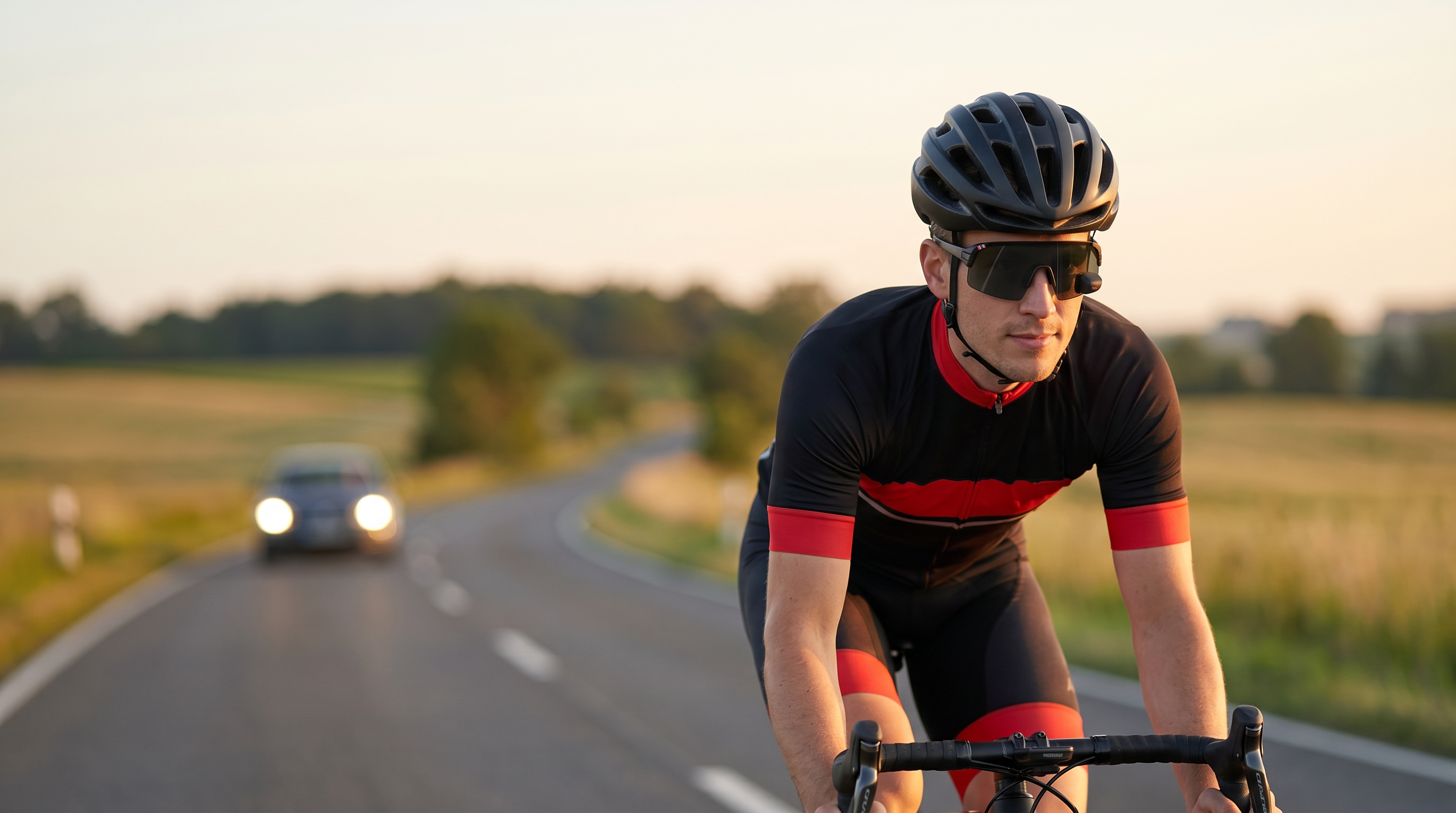 Road cyclist at dawn wearing TriEye rear-view mirror sunglasses, eyes forward on the road, a car approaching from behind