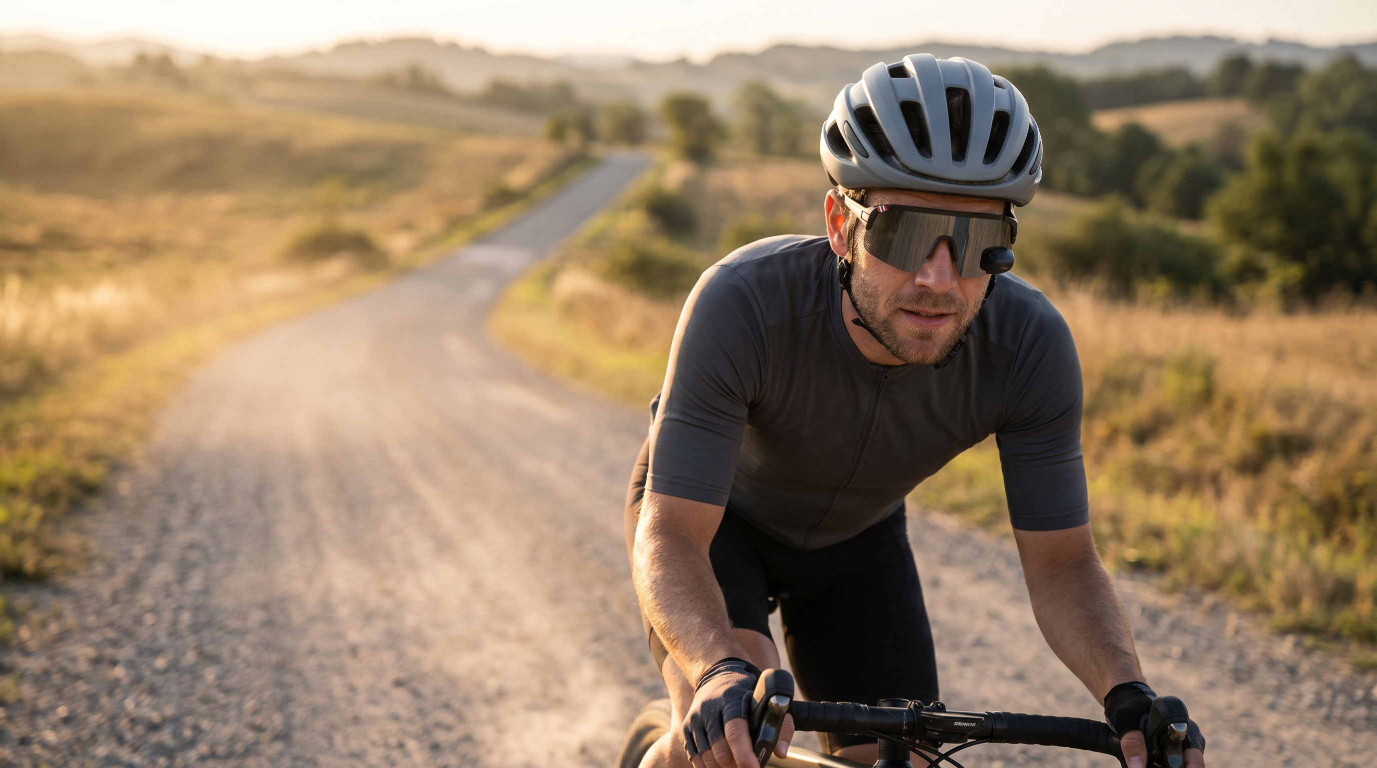 Gravel cyclist in a sport wraparound mirror sunglasses and helmet on a quiet gravel road meeting open tarmac in golden morning light