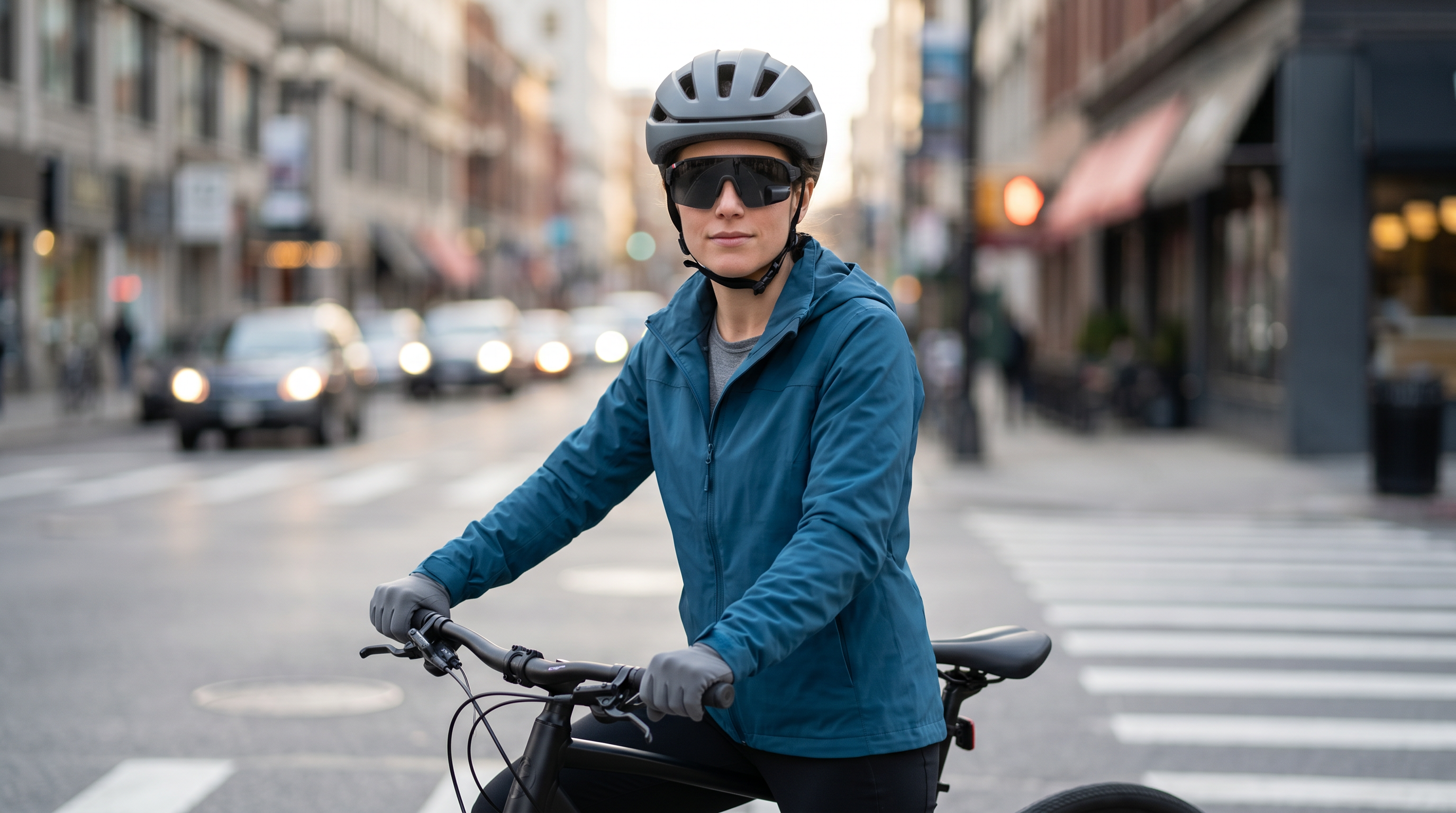 Urban bike commuter at a city intersection wearing TriEye rear-view mirror sunglasses