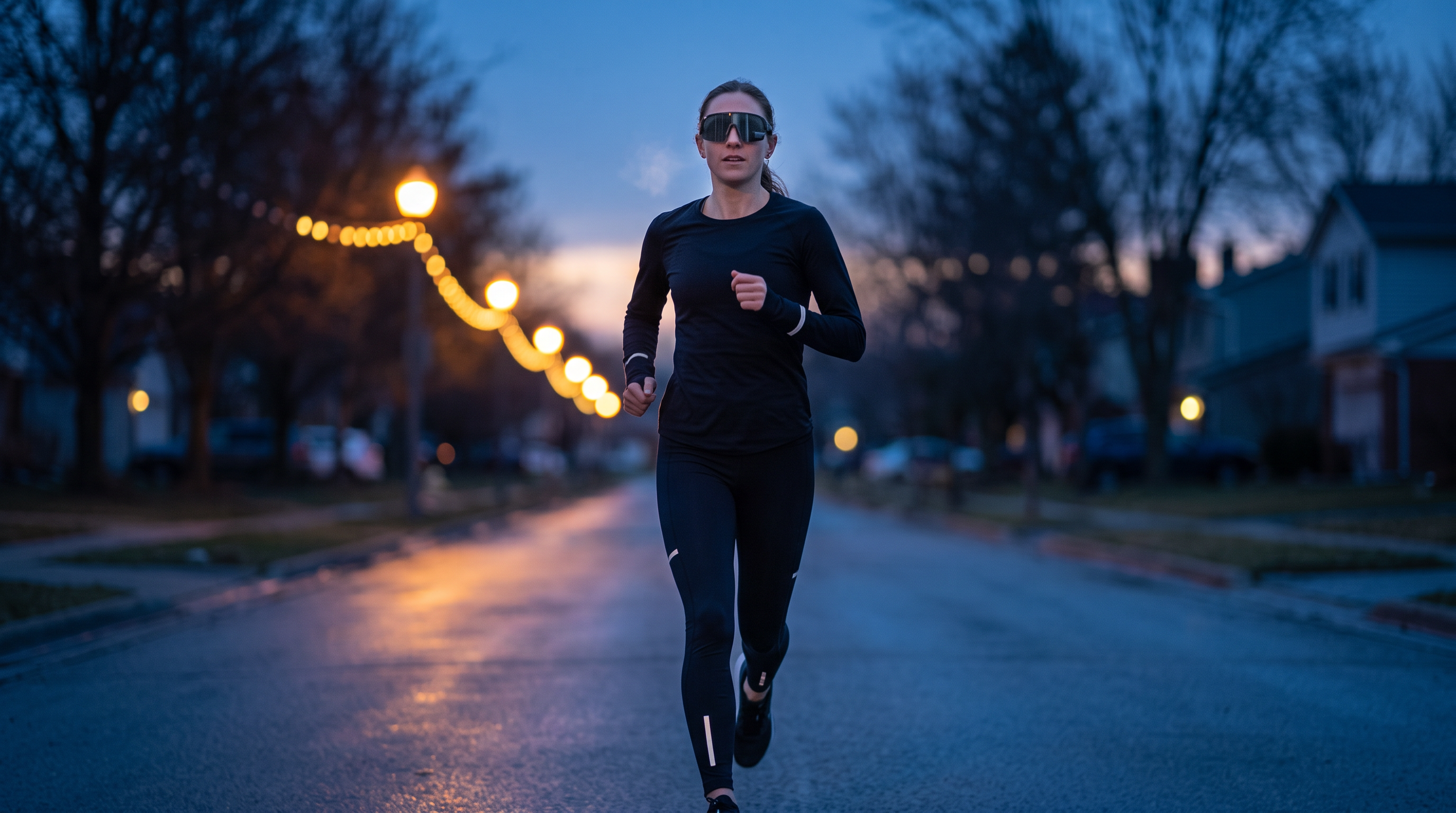 Runner su una tranquilla strada di periferia nella luce blu pre-alba, con occhiali sportivi a scudo unico TriEye con specchietto retrovisore integrato nella lente