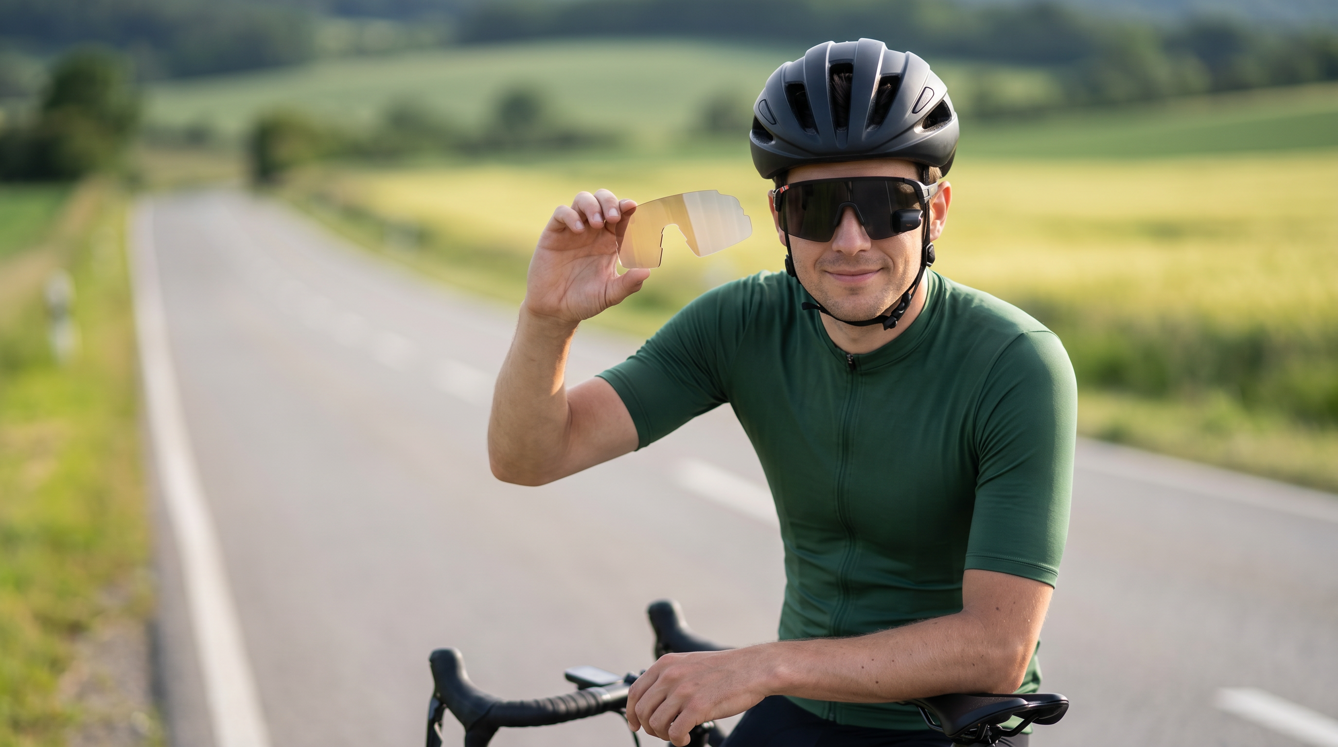 Cyclist in a helmet wearing TriEye The View sport sunglasses at the roadside, holding a spare lens ready to swap