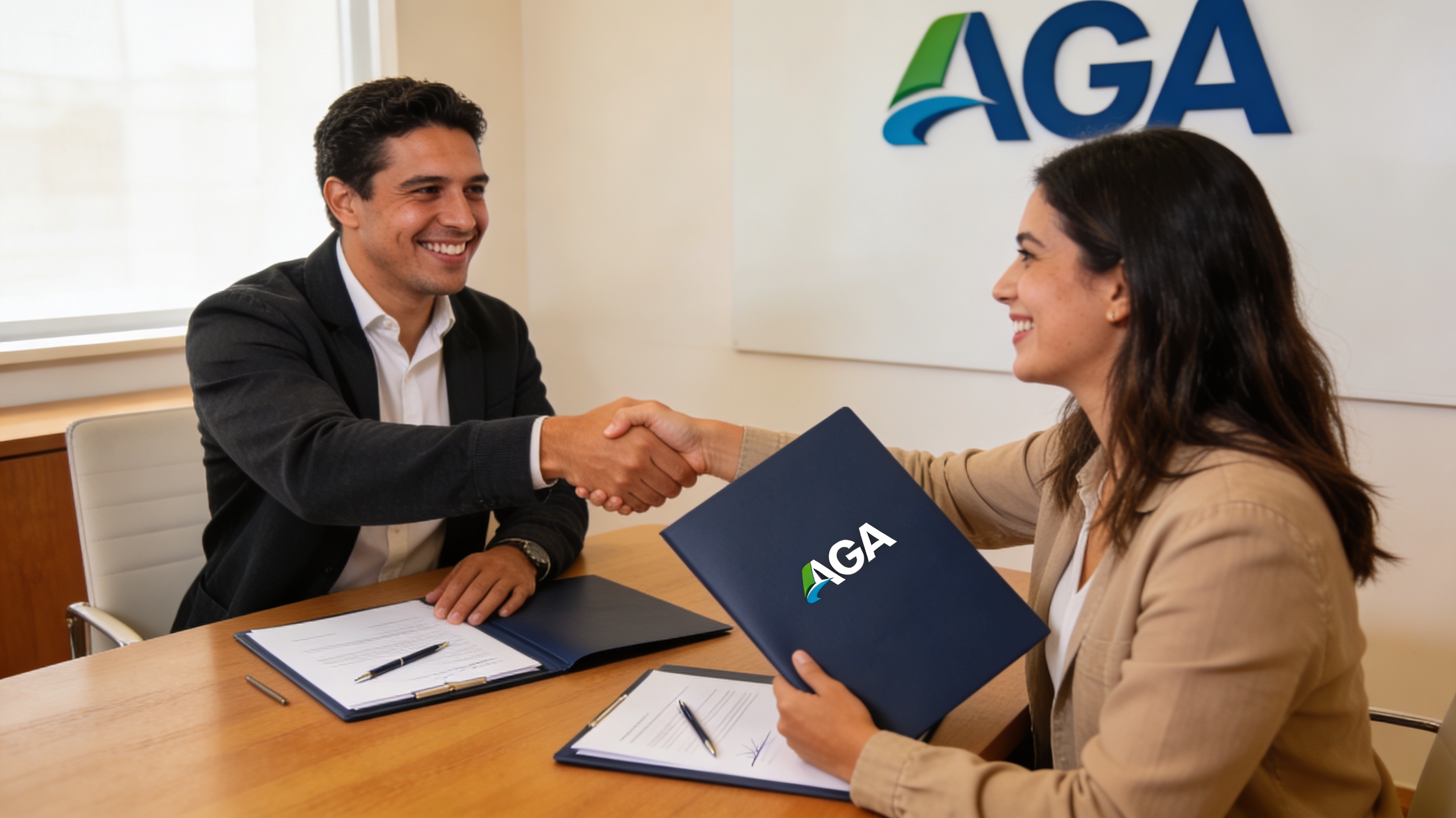 Asesor y cliente AGA con documentos firmados