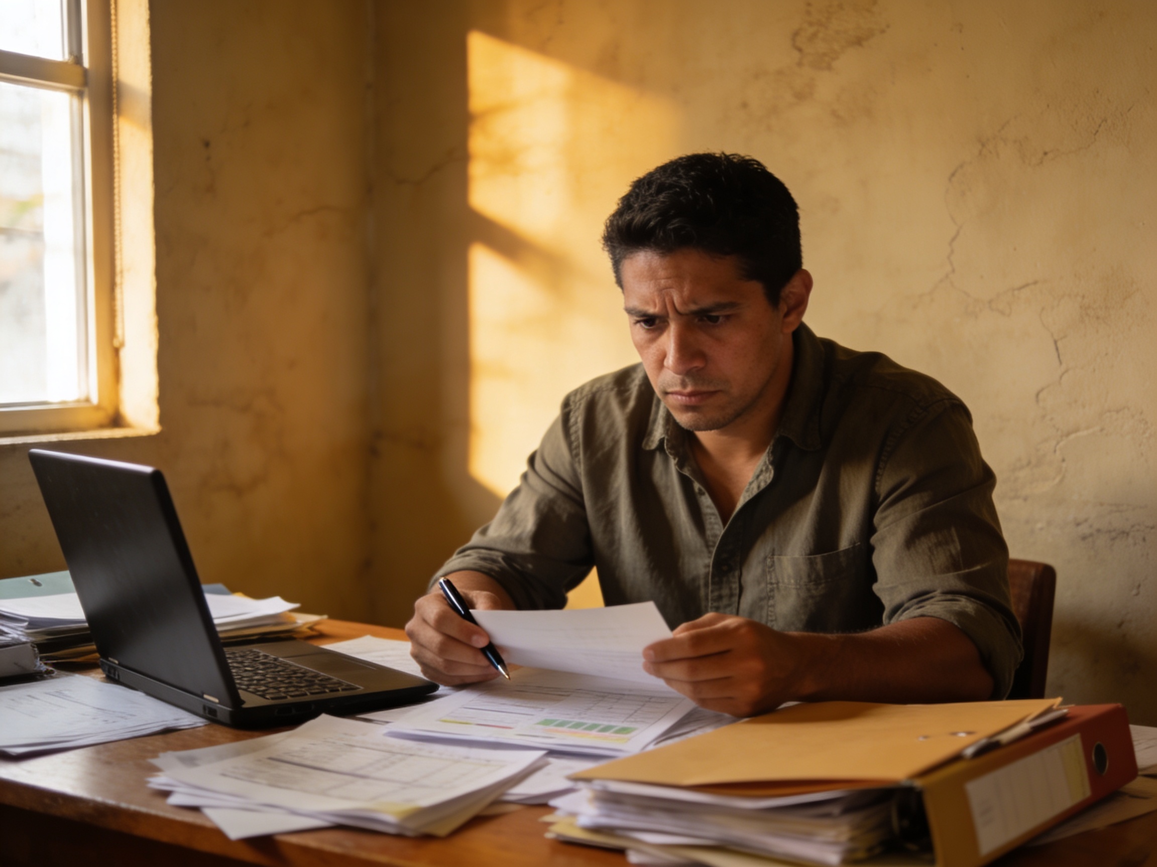 Empresario colombiano revisando documentos financieros