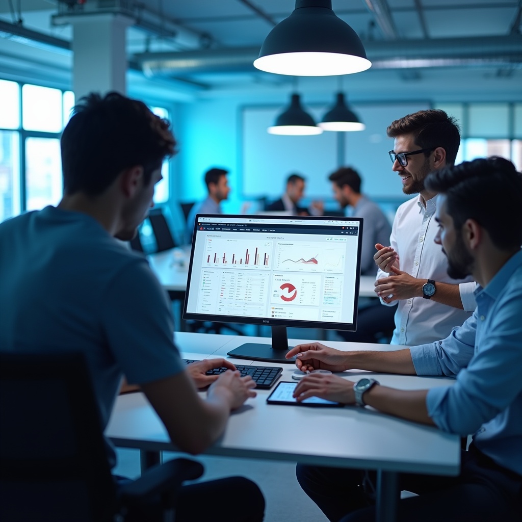 Founders mexicanos colaborando en una oficina tech moderna con dashboard de SaaS en pantalla