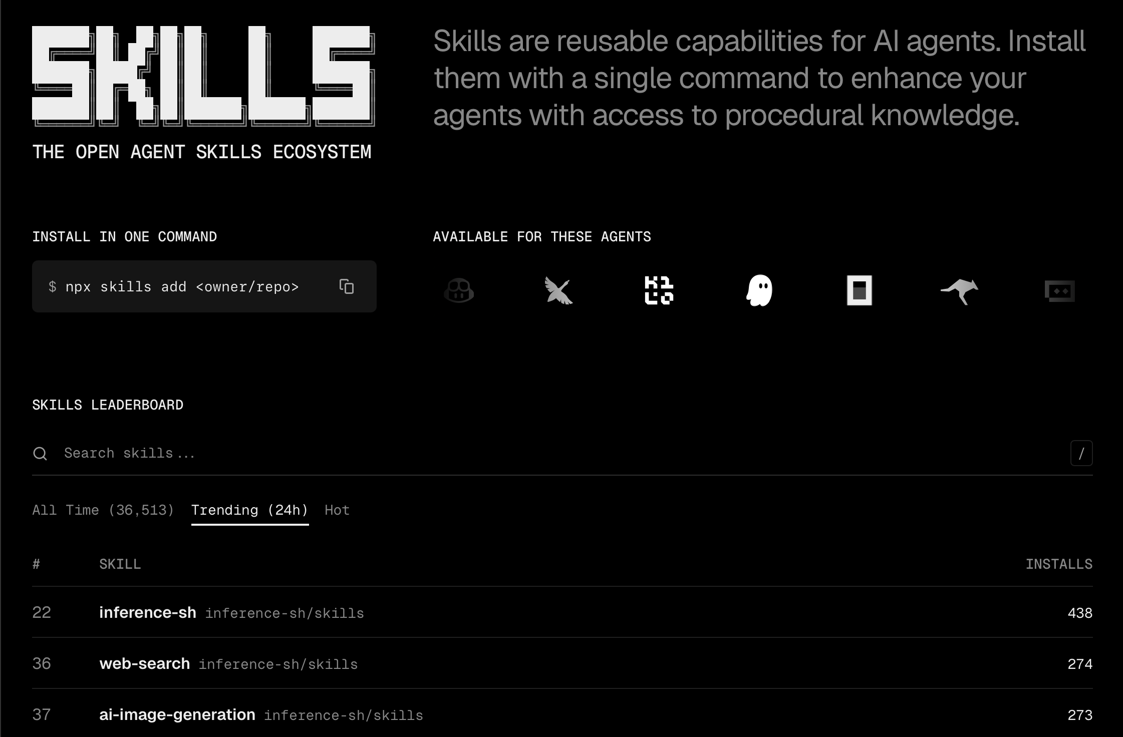Image of skills.sh homepage showing the install command and supported agents