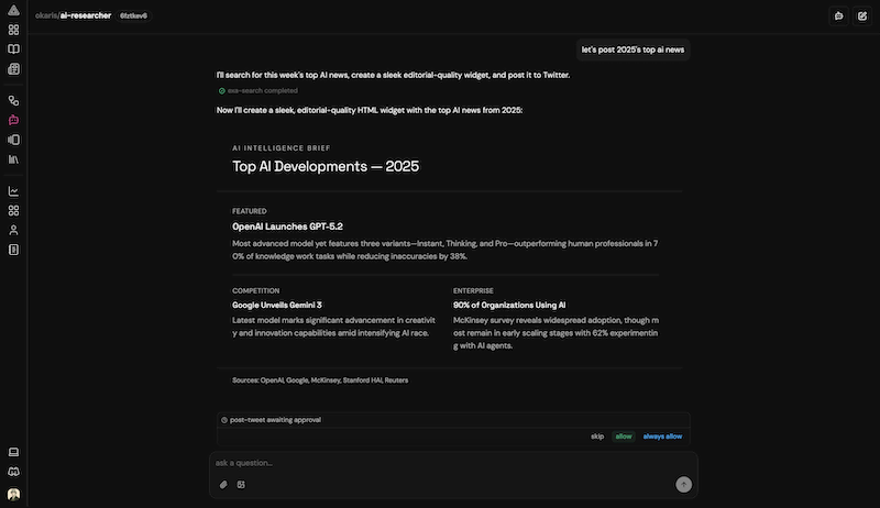 AI agent chat interface showing real-time agent execution